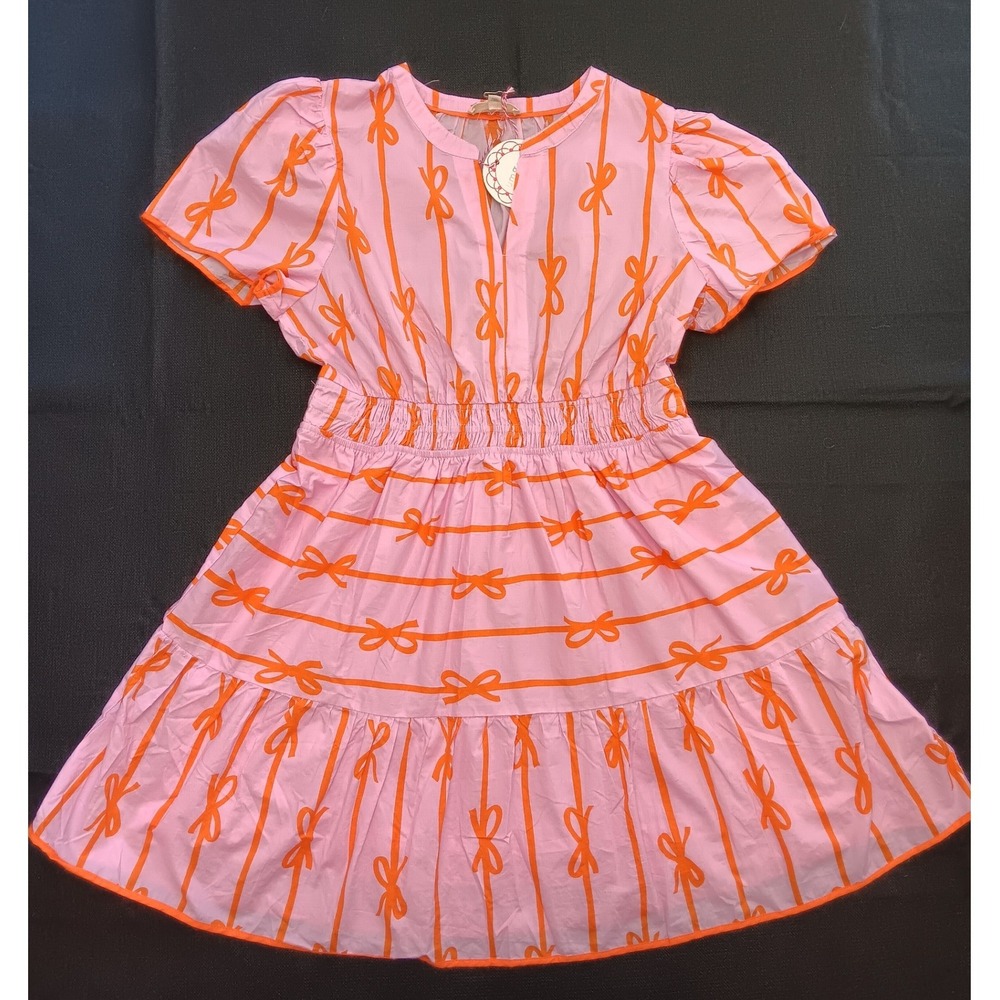 Umgee Pink Orange Bow Stripe Tiered‎ Mini Dress NWT Medium K8578 Short Sleeve